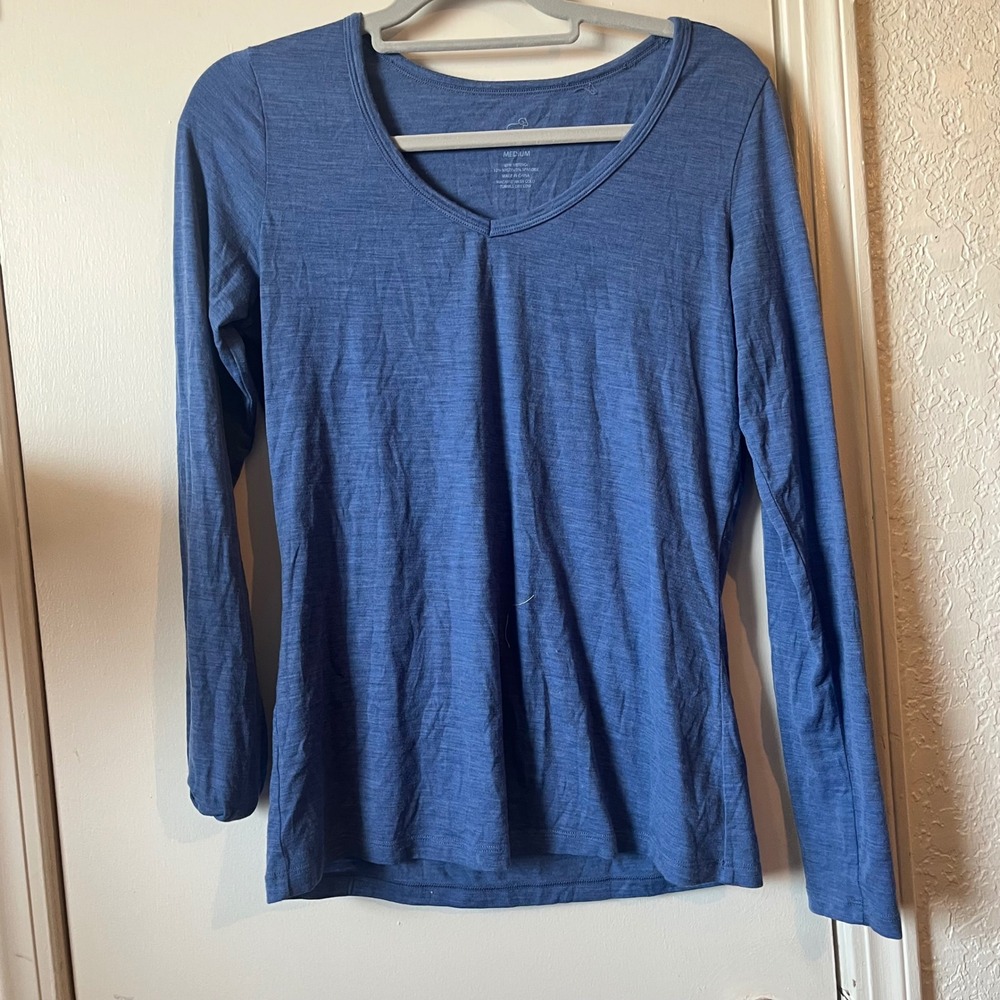 Woolx Women Medium Blue Merino Wool Blend V-Neck Long Sleeve Base Layer Top